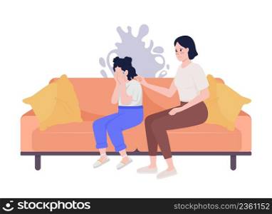 Reassuring mother semi flat color vector characters. Sitting figure. Full body people on white. Crying and scared girl simple cartoon style illustration for web graphic design and animation. Reassuring mother semi flat color vector characters