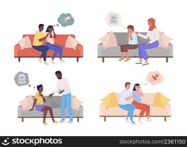Reassuring semi flat color vector characters set. Sitting figures. Full body people on white. Simple cartoon style illustration for web graphic design and animation collection. Bebas Neue font used. Reassuring semi flat color vector characters set