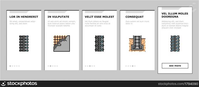 Rebar Construction Onboarding Mobile App Page Screen Vector. Threaded And Hardened Steel Fittings, Metal And Basalt Rebar Production, Concrete Floor And Wall Illustrations. Rebar Construction Onboarding Icons Set Vector