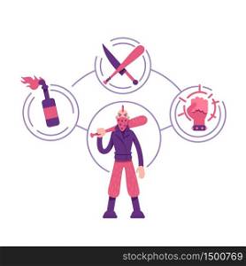 Rebel archetype flat concept vector illustration. Young man with weapon. Aggressive protester 2D cartoon character for web design. Armed demonstrator. Violence and fight creative idea. Rebel archetype flat concept vector illustration