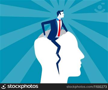 Rebirth. Businessman out form human head. Concept business vector illustration.