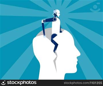 Rebirth. Robot out form human head. Concept business vector illustration.