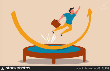 Rebound power enterprise and business economic spring graph jump up. Success trampoline arrow vector illustration concept. Man bounce and ascend fast chart. Businessman fly and growth positive earn