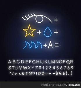 Rebus neon light icon. Conundrum, brainteaser. Abstract reasoning. Ingenuity, intelligence test. Brain teaser. Glowing sign with alphabet, numbers and symbols. Vector isolated illustration