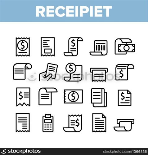 Receipt Bill Collection Elements Icons Set Vector Thin Line. Receipt Invoice With Dollar Mark, Money Banknote And Calculator Concept Linear Pictograms. Monochrome Contour Illustrations. Receipt Bill Collection Elements Icons Set Vector