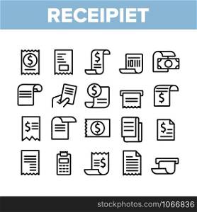 Receipt Bill Collection Elements Icons Set Vector Thin Line. Receipt Invoice With Dollar Mark, Money Banknote And Calculator Concept Linear Pictograms. Monochrome Contour Illustrations. Receipt Bill Collection Elements Icons Set Vector