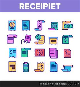 Receipt Bill Collection Elements Icons Set Vector Thin Line. Receipt Invoice With Dollar Mark, Money Banknote And Calculator Concept Linear Pictograms. Color Contour Illustrations. Receipt Bill Collection Elements Icons Set Vector