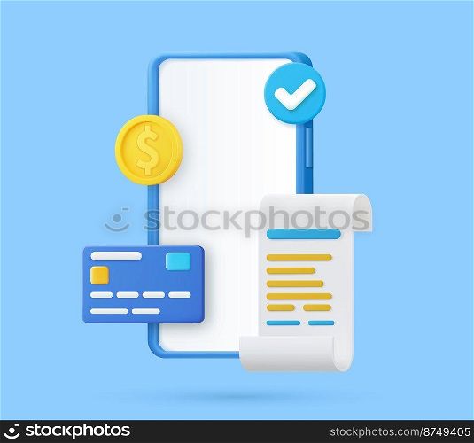 Receipt for smartphone screen. 3D bill payment with credit card and financial security for online shopping, online payment credit card 3D with payment protection concept. Vector illustration. 3D bill payment