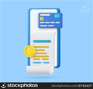 Receipt for smartphone screen. 3D bill payment with credit card and financial security for online shopping, online payment credit card 3D with payment protection concept. Vector illustration. 3D bill payment