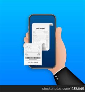 Receipt for smartphone screen. Pay tax online receipt Business card for mobile app design. Mobile bank app. Vector stock illustration. Receipt for smartphone screen. Pay tax online receipt Business card for mobile app design. Mobile bank app. Vector stock illustration.