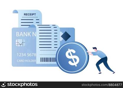 Receipt paper and credit card.Man rolls a coin.Cash and cashless payment concept,male character,trendy style vector illustration
