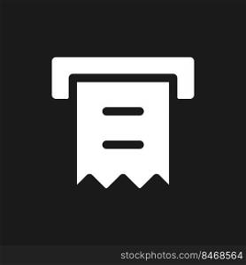 Receipt printer dark mode glyph ui icon. Automated teller machine. User interface design. White silhouette symbol on black space. Solid pictogram for web, mobile. Vector isolated illustration. Receipt printer dark mode glyph ui icon