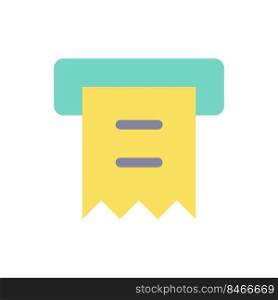 Receipt printer flat color ui icon. Automated teller machine. Transaction record. Financial operation. Simple filled element for mobile app. Colorful solid pictogram. Vector isolated RGB illustration. Receipt printer flat color ui icon