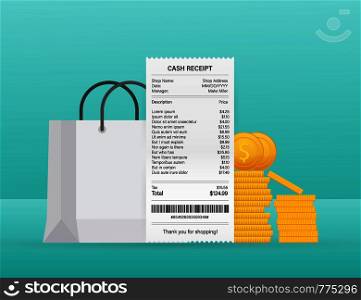 Receipt vector illustration of realistic payment paper bills for cash or credit card transaction. Vector illustration.. Receipt vector illustration of realistic payment paper bills for cash or credit card transaction. Vector stock illustration.
