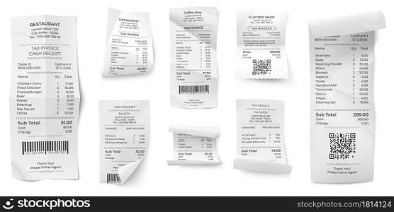 Receipts bill. Atm paper prints, paying ticket shop or store purchase invoice. Isolated realistic supermarket cash order vector collection. Pay receipt paper, finance print invoice illustration. Receipts bill. Atm paper prints, paying ticket shop or store purchase invoice. Isolated realistic supermarket cash order vector collection