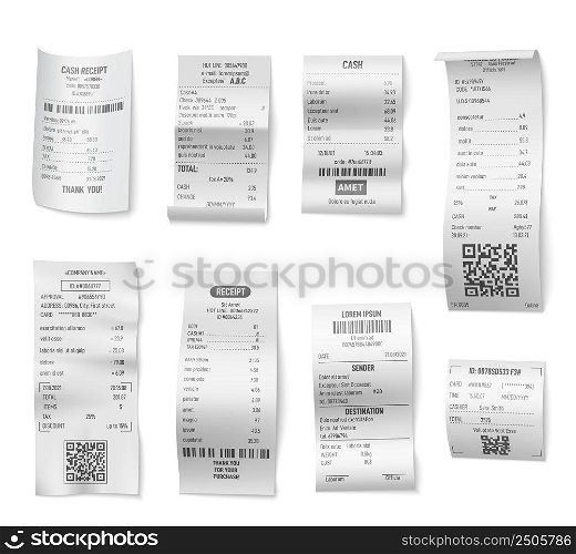 Receipts bill. Paper receipt design, realistic check bills. Store invoice, restaurant cafe atm ticket. Financial document, banking or market payments vector. Illustration of payment receipt, shop bill. Receipts bill. Paper receipt design, realistic check bills. Store invoice, restaurant cafe atm ticket. Financial documents, banking or market payments exact vector
