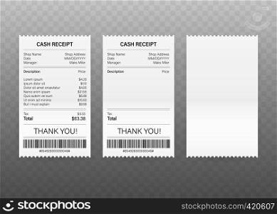 Receipts of realistic payment paper bills for cash or credit card transaction. Vector stock illustration. Receipts of realistic payment paper bills for cash or credit card transaction. Vector stock illustration.