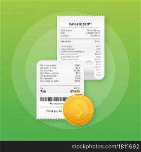 Receipts vector illustration of realistic payment paper bills for cash or credit card transaction. Vector stock illustration. Receipts vector illustration of realistic payment paper bills for cash or credit card transaction. Vector stock illustration.