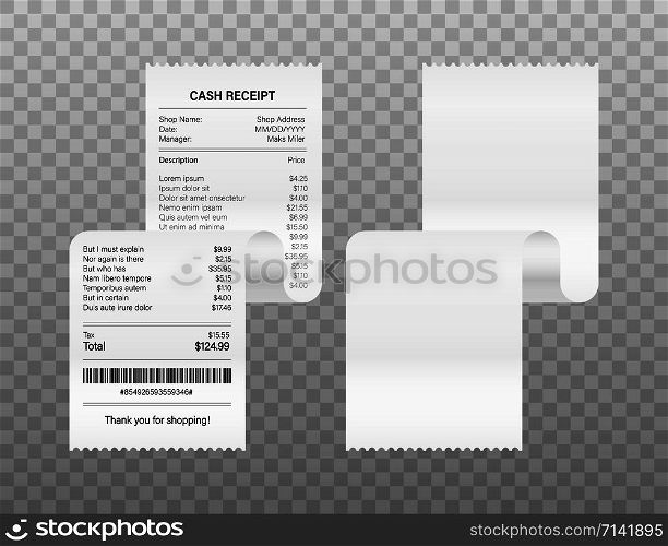 Receipts vector illustration of realistic payment paper bills for cash or credit card transaction. Vector stock illustration. Receipts vector illustration of realistic payment paper bills for cash or credit card transaction. Vector stock illustration.