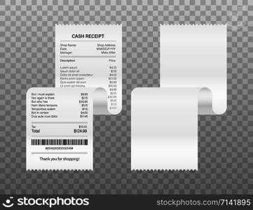 Receipts vector illustration of realistic payment paper bills for cash or credit card transaction. Vector stock illustration. Receipts vector illustration of realistic payment paper bills for cash or credit card transaction. Vector stock illustration.