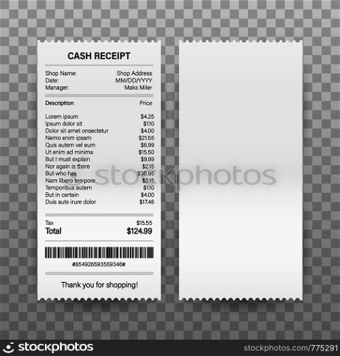 Receipts vector illustration of realistic payment paper bills for cash or credit card transaction. Vector illustration.. Receipts vector illustration of realistic payment paper bills for cash or credit card transaction. Vector stock illustration.