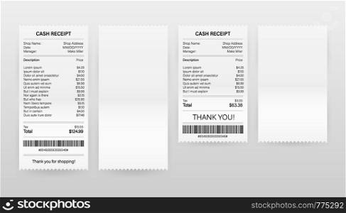Receipts vector illustration of realistic payment paper bills for cash or credit card transaction. Vector illustration.. Receipts vector illustration of realistic payment paper bills for cash or credit card transaction. Vector stock illustration.