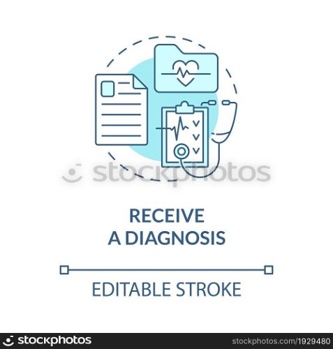 Receive diagnosis blue concept icon. Professional medical consultancy. Heart exam in clinic. Physiotherapy abstract idea thin line illustration. Vector isolated outline color drawing. Editable stroke. Receive diagnosis blue concept icon