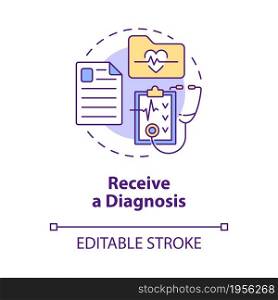 Receive diagnosis concept icon. Professional medical consultancy. Heart exam in clinic. Physiotherapy abstract idea thin line illustration. Vector isolated outline color drawing. Editable stroke. Receive diagnosis concept icon