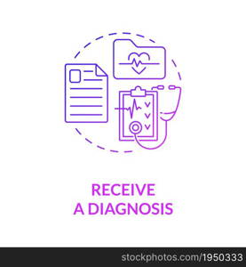 Receive diagnosis gradient purple concept icon. Professional medical consultancy. Heart exam in clinic. Physiotherapy abstract idea thin line illustration. Vector isolated outline color drawing. Receive diagnosis gradient purple concept icon