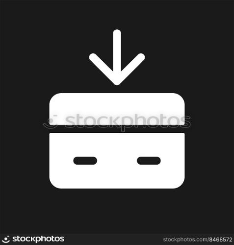 Receive money dark mode glyph ui icon. Incoming payment. Credit card. User interface design. White silhouette symbol on black space. Solid pictogram for web, mobile. Vector isolated illustration. Receive money dark mode glyph ui icon