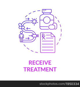 Receive treatment gradient purple concept icon. Health care. Clinical therapy course. Disease recovery. Physiotherapy abstract idea thin line illustration. Vector isolated outline color drawing. Receive treatment gradient purple concept icon