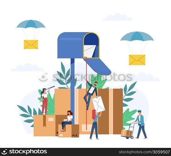 Receiving letter. Small people postmans and giant mailbox with letters, sorting parcels boxes, newsletter social news, mail service postage stamp envelopes delivery vector flat cartoon concept. Receiving letter. Small people postmans and giant mailbox with letters, sorting parcels, newsletter social news, mail service postage stamp envelopes delivery vector flat concept