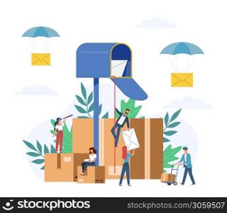 Receiving letter. Small people postmans and giant mailbox with letters, sorting parcels boxes, newsletter social news, mail service postage stamp envelopes delivery vector flat cartoon concept. Receiving letter. Small people postmans and giant mailbox with letters, sorting parcels, newsletter social news, mail service postage stamp envelopes delivery vector flat concept