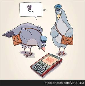 Receiving message. Two carrier pigeons are surprised to receive a phone message.