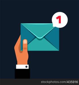 Receiving message vector concept with envelope in users hand. Envelope message correspondence, e-mail receive illustration. Receiving message vector concept with envelope in users hand