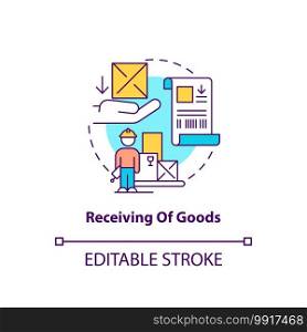 Receiving of goods concept icon. Warehouse management components. Function of checking items delivered. Store idea thin line illustration. Vector isolated outline RGB color drawing. Editable stroke. Receiving of goods concept icon