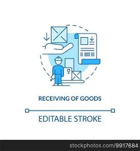 Receiving of goods concept icon. Warehouse management components. Method of checking items delivered. Store idea thin line illustration. Vector isolated outline RGB color drawing. Editable stroke. Receiving of goods concept icon