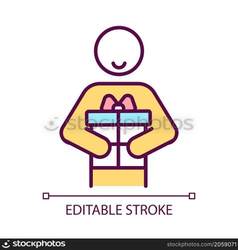 Receiving present RGB color icon. Birthday celebration. Cheerful holiday. Smiling boy holding gift. Isolated vector illustration. Simple filled line drawing. Editable stroke. Arial font used. Receiving present RGB color icon