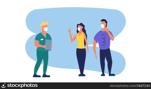 Reception at the doctor person vector flat illustration hospital. Health care patient man and woman character. Waiting consultation specialist visit. Diagnosis illness concept cartoon design.