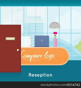 Reception Interior Concept Vector In Flat Design.. Reception interior concept vector in flat style. Bright office room with modern furniture, workplace and urban view from window. Comfortable place for work. Illustration of modern business apartments design.