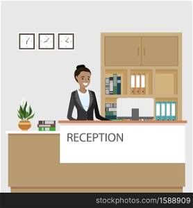 Reception interior with furniture and african american female receptionist employee.Flat vector illustration. Reception interior with furniture and african american female re