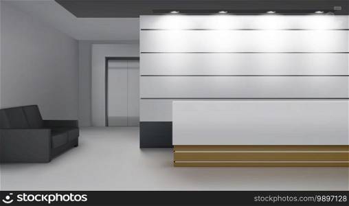Reception interior with lift, modern foyer room with desk, illumination, couch and elevator door. Empty hall or lobby area with soft light, contemporary decor render, Realistic 3d vector illustration. Reception interior with lift, modern foyer room