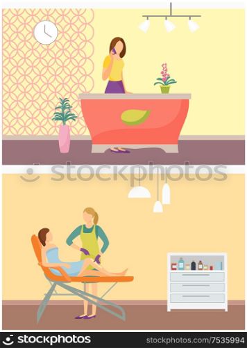 Reception woman receptionist and depilation spa salon interior poster. Woman lying on chair and cosmetician making wax or sugaring epilation on legs. Reception Woman Receptionist Depilation Spa Salon