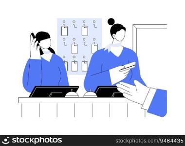 Receptionist abstract concept vector illustration. Smiling hotel receptionists give a key and provide info to clients, hospitality business, professional people, travel service abstract metaphor.. Receptionist abstract concept vector illustration.