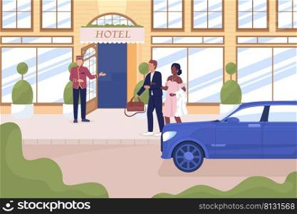 Receptionist greeting guests at luxury hotel flat color vector illustration. Upscale lifestyle. Fully editable 2D simple cartoon characters with cityscape on background. Tapestry Regular font used. Receptionist greeting guests at luxury hotel flat color vector illustration