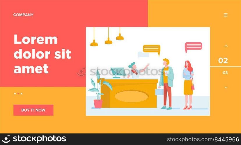 Receptionist job vector illustration. Customers consulting manager at reception. Tourists checking in to hotel, standing at desk in lobby