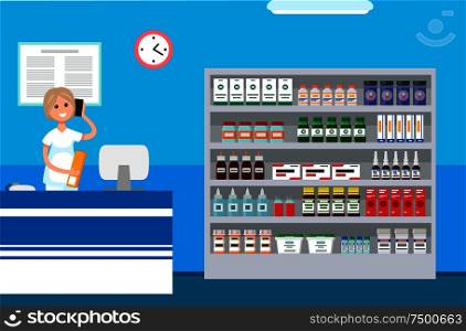Receptionist woman talking on phone with clients vector. Interior of hall with case of pills and vitamins, treatment and medication pets recovery. Receptionist Woman Talking on Phone with Clients