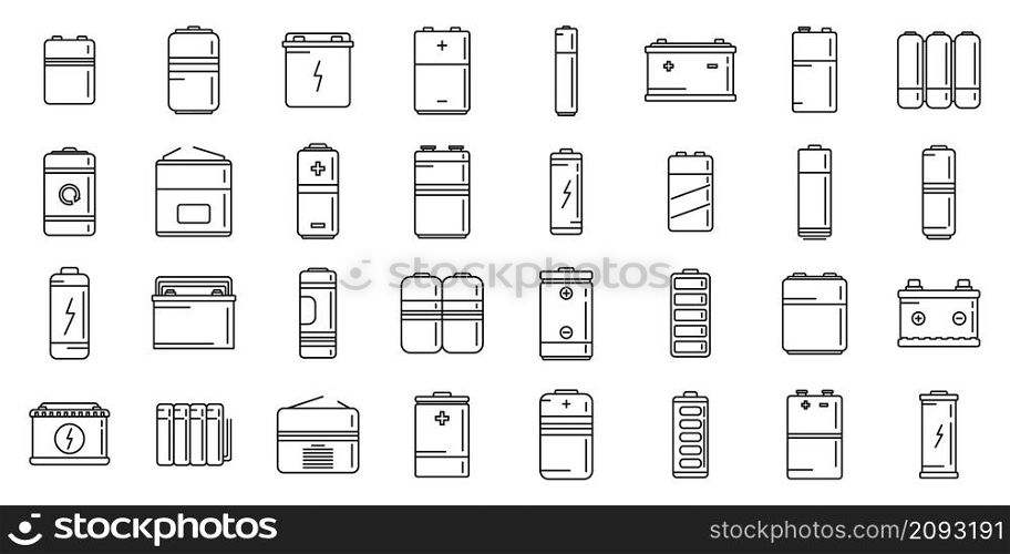Recharge battery icons set outline vector. Power charger. Alkaline cell battery. Recharge battery icons set outline vector. Power charger