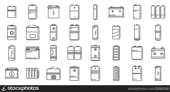 Recharge battery icons set outline vector. Power charger. Alkaline cell battery. Recharge battery icons set outline vector. Power charger