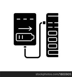 Recharge from computer USB port black glyph manual label icon. Alternative solution for charging. Silhouette symbol on white space. Vector isolated illustration for product use instructions. Recharge from computer USB port black glyph manual label icon